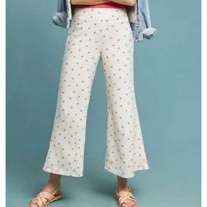 Feather Bone Anthropologie Wide Leg Cherry Print Linen Blend Pant Ivory Size 14